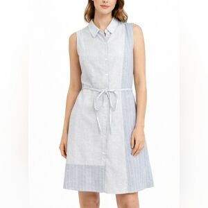 Hem & Thread Sleeveless Shirt Dress Size Small Blue Striped Button Front Tie